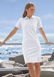 Белое платье с воротником поло. Подчеркивающий фигуру, приталенный покрой. Длина 98 см. Состав: 96
